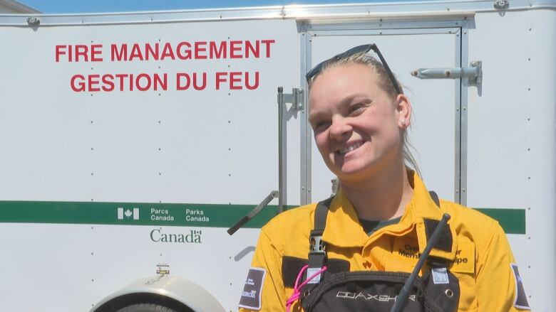 Robyn Caissie, visitor safety fire operations coordinator for Parks Canada at a public meeting in Cavendish.