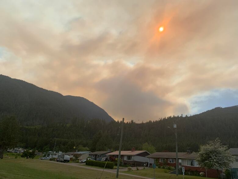 Houses in a row are pictured beneath mountains and trees, beneath a smoky sky and orange sun. 