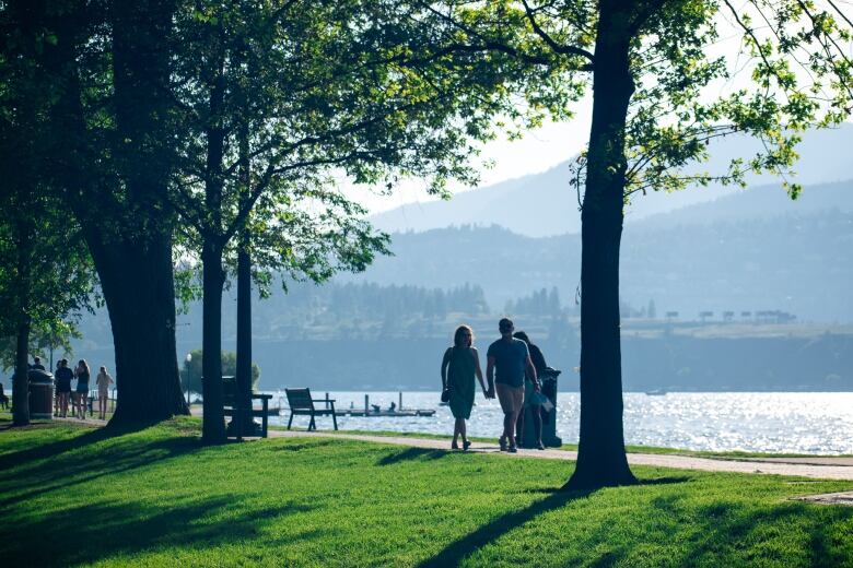 People walk in a park along the water, with smoke seen in the air around the mountains behind them. 