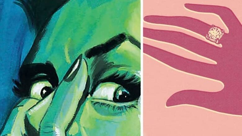 Crop of the cover art for Ainslie Hogarth's Motherthing. Left: a woman clutches her face, cast in green light. Right: the outline of a hand wearing a wedding ring in shades of pink.