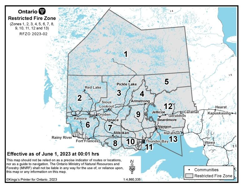 A man of northwestern Ontario showing forest fire regions.