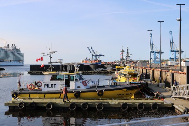 A deckhand stolls between two docked pilot boats in the early morning sunshine with a massive cruise ship in the background