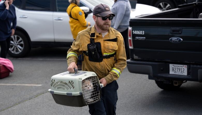 A white man with a beard and yellow shirt carries a white and tan cat in a carrier across a parking lot