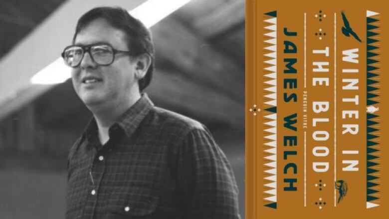 Black and white photo of a man with dark hair and black rimmed glasses next to the book cover with the title written sideways over a brown background