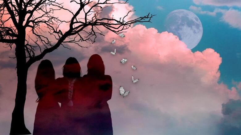 A graphic showing the backs of three women standing next to a tree in front of pink clouds, butterflies and a moon.