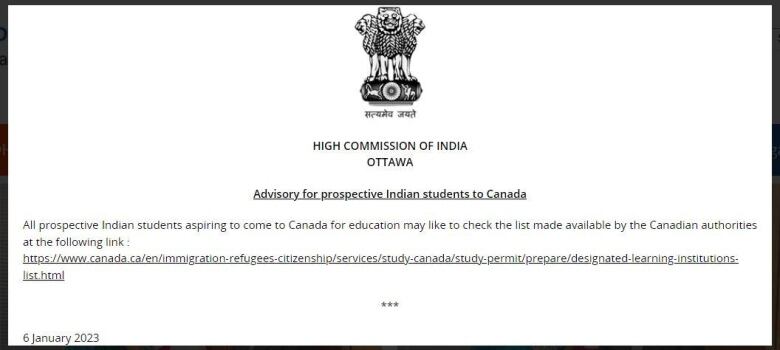 Screen grab of an advisory for students from the website of the High Commission of India in Canada. 