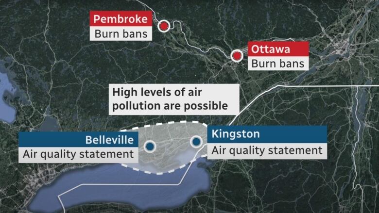 A amp showing areas of eastern Ontario under a burn ban, and other parts of the map showing where there is risk of air pollution. 