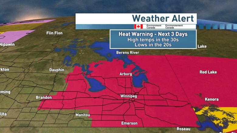 A weather map showing communities in southeastern Manitoba are under a heat warning.