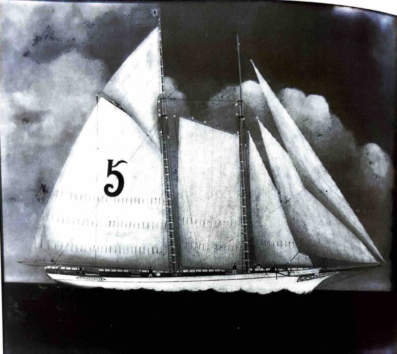 A black and white photo of a painting of a 19th century pilot boat built in present-day Saint John, New Brunswick. 