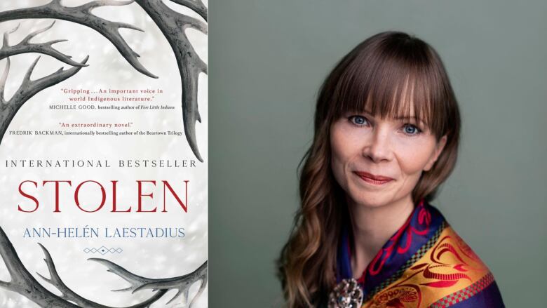 A composite image of a white book cover with a reindeer and the word Stolen written in red lettering on it beside a portrait of a woman with dark brown hair and blue eyes looking into the camera.