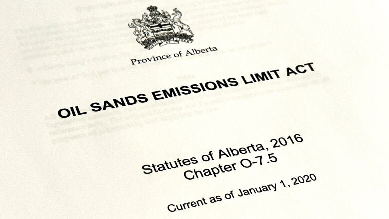 A printed copy of Alberta's Oil Sands Emissions Limit Act