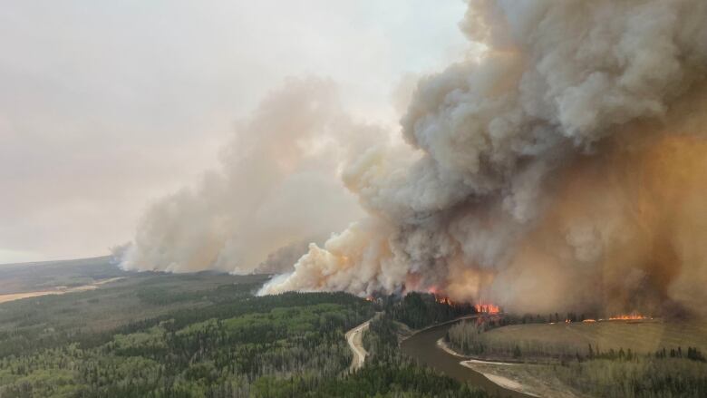 Drone view of wildfires burning in Alberta.