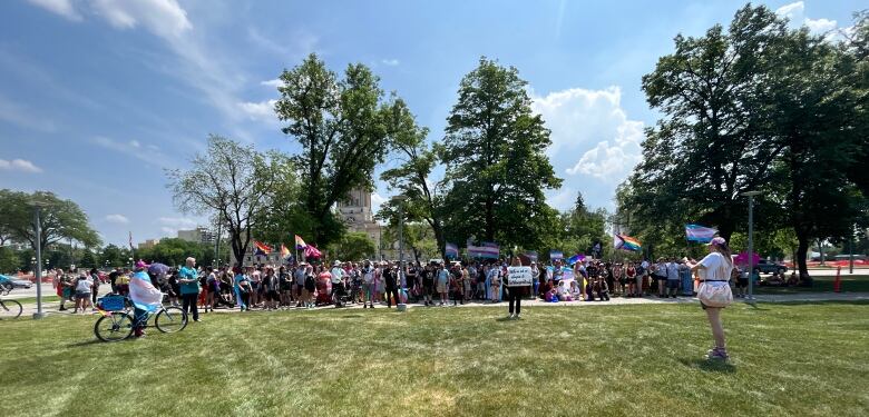 A crowd people holding signs and pride flags stand on a walkway next to a lawn.