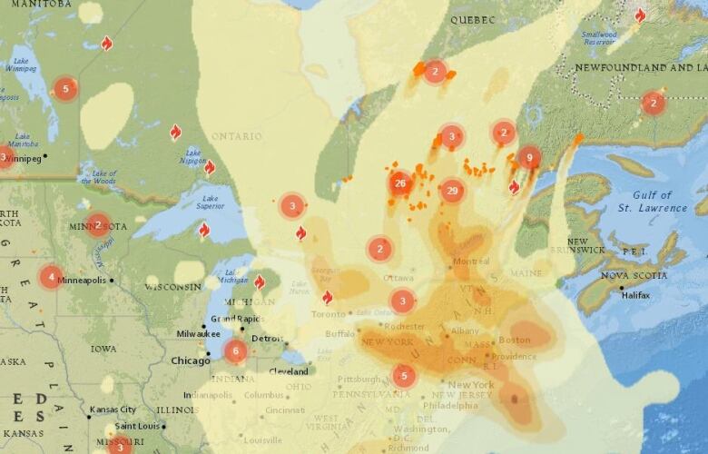 A yellow and orange later over a map of eastern Canada and the United States.