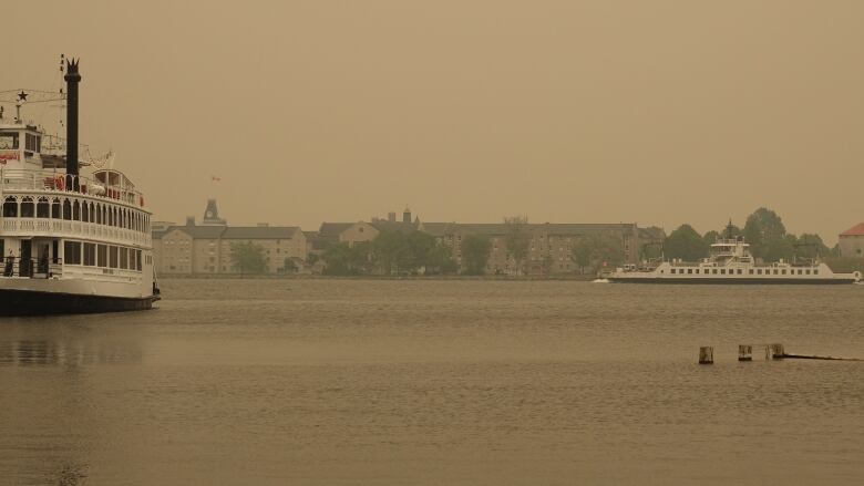 Brown smoke over a lake next to a city with two large white boats on it.