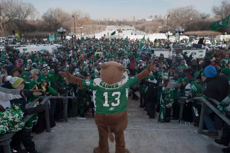 A gopher mascot stand in front of a large crowd with his arms raised.