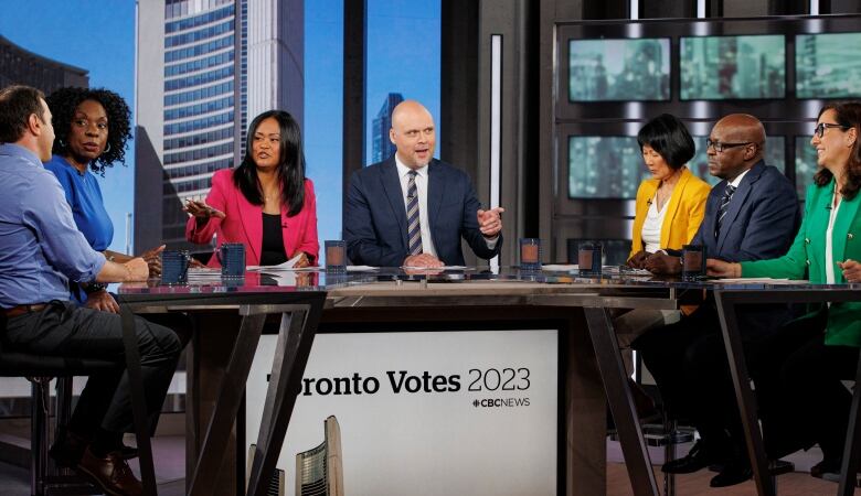 Left to right: Josh Matlow, Mitzie Hunter, CBC host Marivel Taruc, CBC reporter Shawn Jeffords, Olivia Chow, Mark Saunders and Ana  Bailo. The 90-minute debate saw lively exchanges as Bailo, Chow, Hunter, Matlow and Saunders pitched their competing visions for Toronto with just under three weeks until election day. 