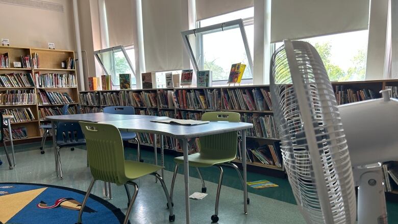 A fan is seen in an elementary school classroom, with the windows opened.