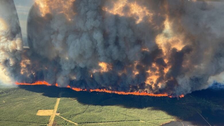 An aerial view of a forest fire.