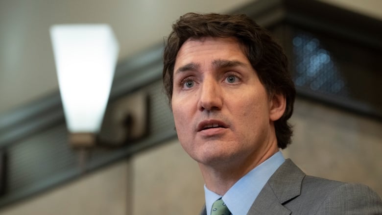 Prime Minister Justin Trudeau speaks outside the House of Commons.