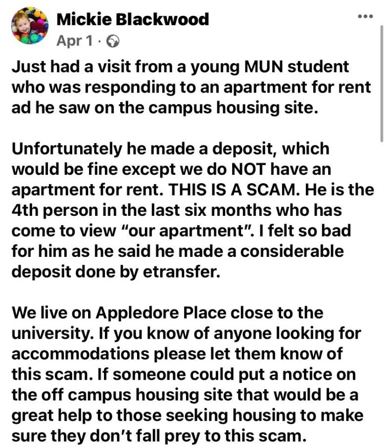 A Facebook post with a warning about a rental scam.