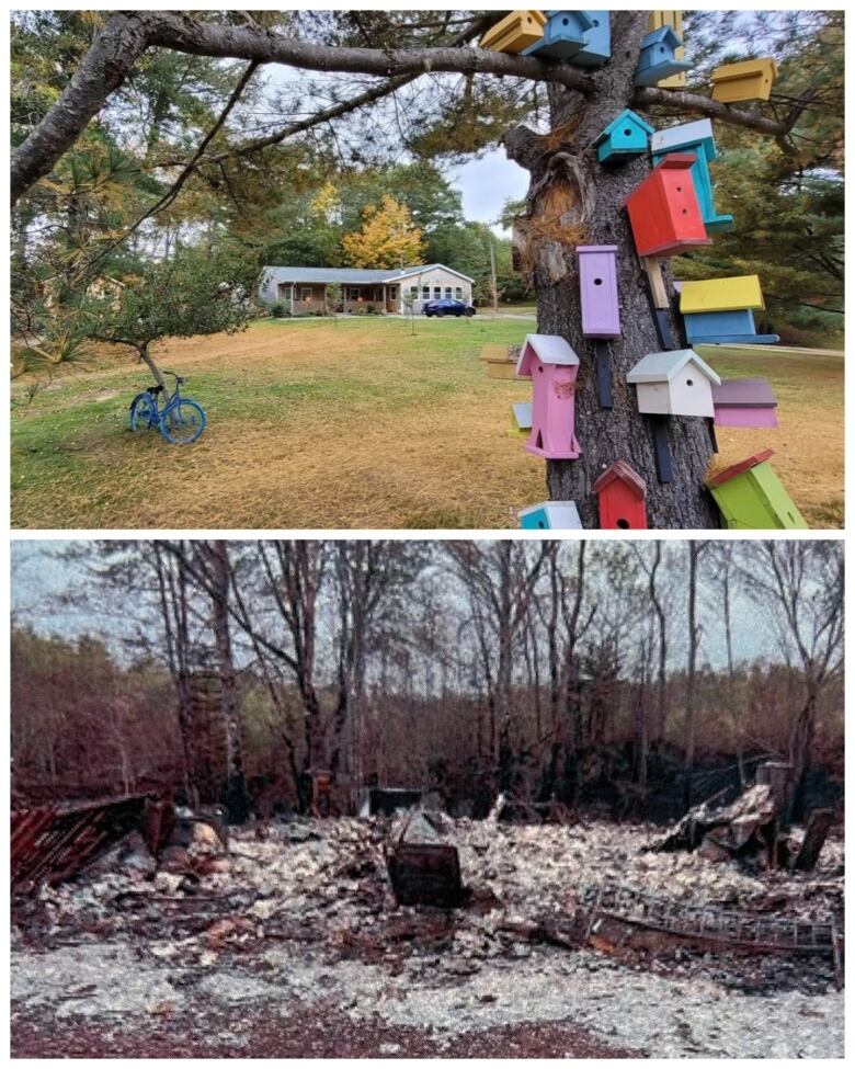 A collage showing a ranch-style home before the fire and nothing but charred remains after the fire.