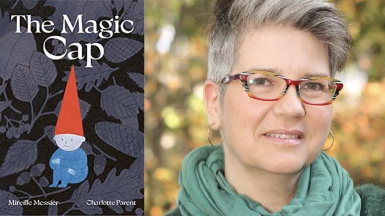 Illustrated book cover of a blue and red gnome sitting on a black background with grey leaves. White woman with short grey hair, glasses and a green scarf.