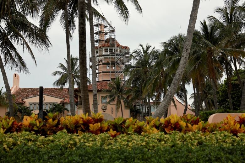 A large yellow and terracotta home is seen through a grove of palm trees. Scaffolding surrounds the home's central tower.