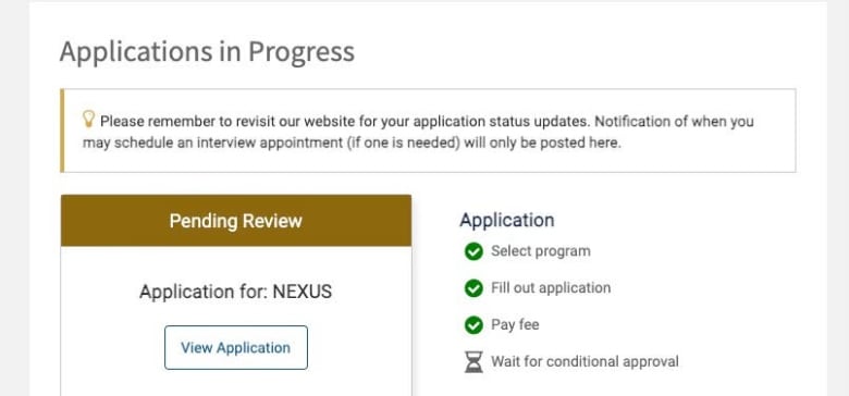 A Nexus application that says, Applications in Progress and, Pending Review.