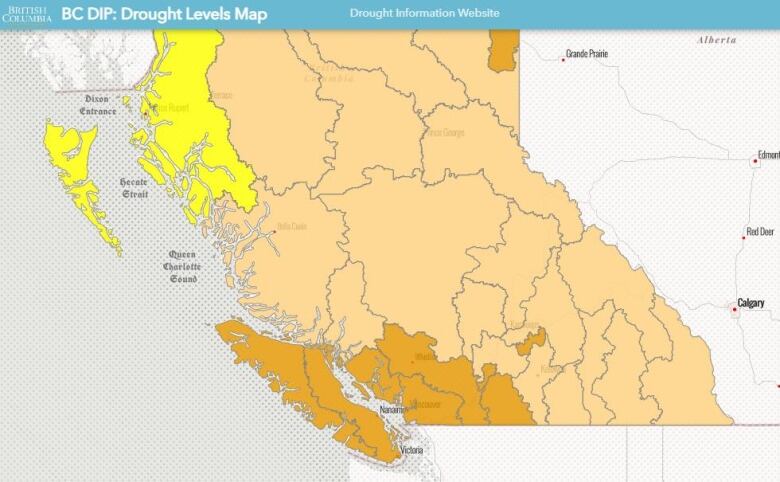 A map of British Columbia shows very dry conditions and drought risk across B.C., particularly on Vancouver Island, the South Coast and Okanagan.