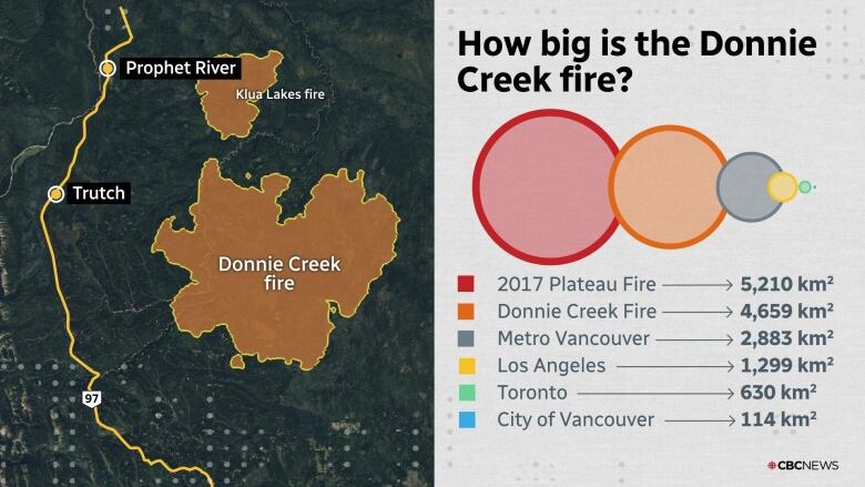 A map and graphic showing the size of the Donnie Creek fire.