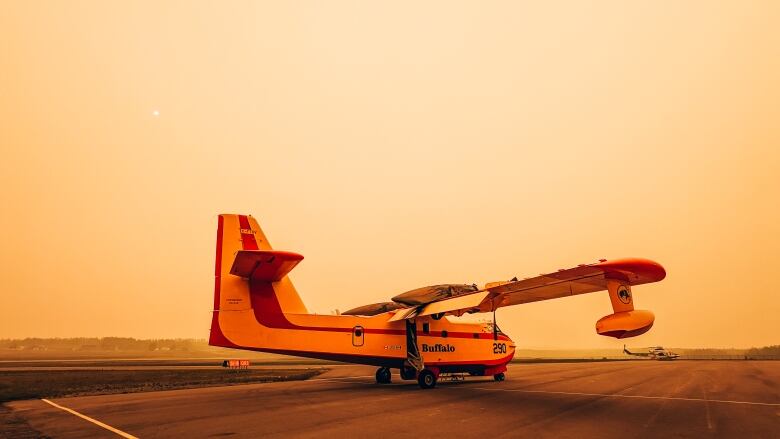 Orange sky with orange plane on a runway.