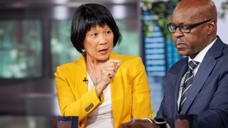 Toronto mayoral candidate Olivia Chow takes part in a televised debate hosted Marivel Taruc, in the CBC Broadcast Centre, in Toronto, on June 6, 2023.