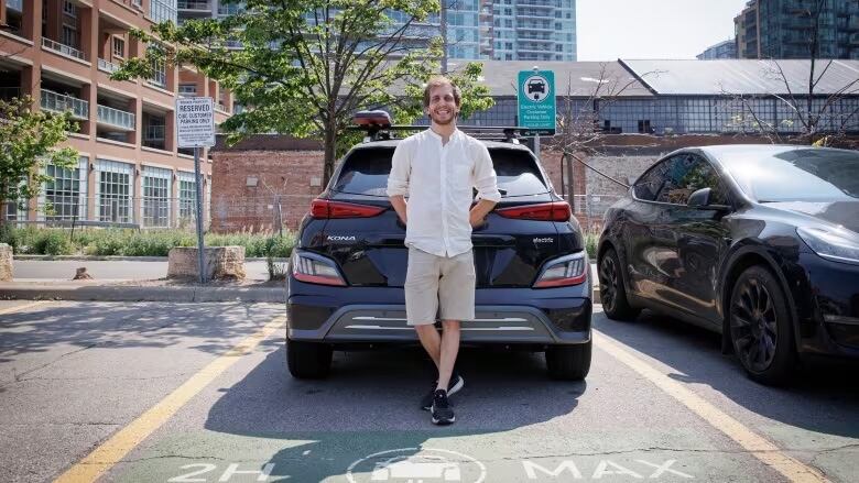 A man stands in front of an electric car.