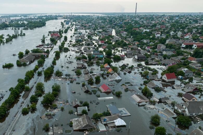 An aerial view of a flooded city.