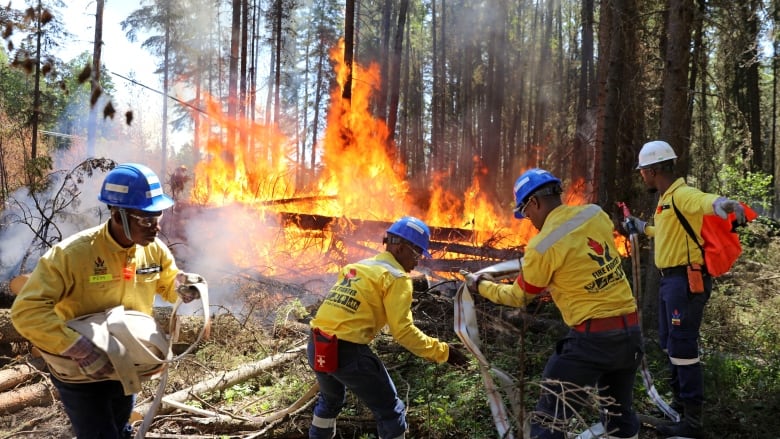 Firefighters in yellow shirts run hoses to put out a wildfire burning in the background.