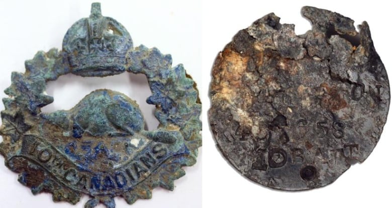 A capbadge featuring a beaver Canadian maple leads a crowns and the phrase '10th Canadians' and a small round disk with some legible numbers and letters on it.