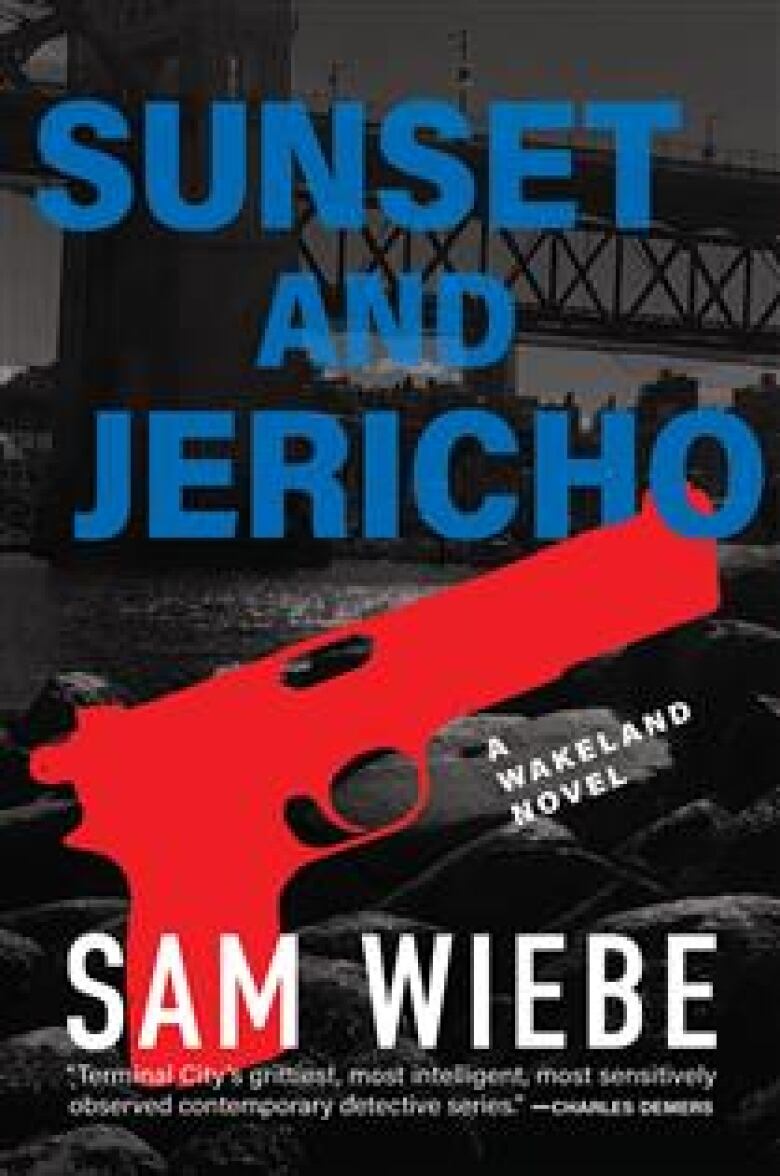 Illustrated book cover of a red gun on a black and white background with a bridge over water.