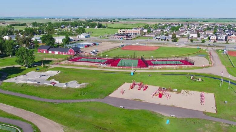 A view of the park in the heart of Langdon. The amenity features a skatepark, playground, pickleball courts, and a library. 