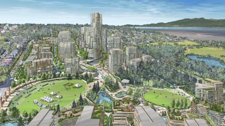 An architectural rendering shows a number of tall towers, with green playing fields to the front of them, next to the coastline and a large park.