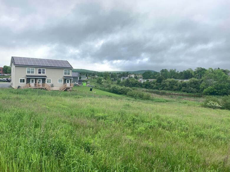 A plot of grassy land is seen with a home in the distance.