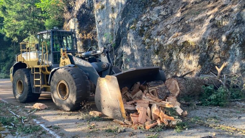 A bulldozer pushes tree chunks on a road scattered with debris.