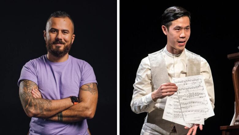 A composite photo of two men, one wearing a purple T-shirt with his arms crossed and the other performing on-stage in a play.