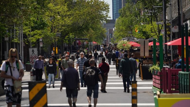 Spring outdoors many people walk along a pedestrian-only street.