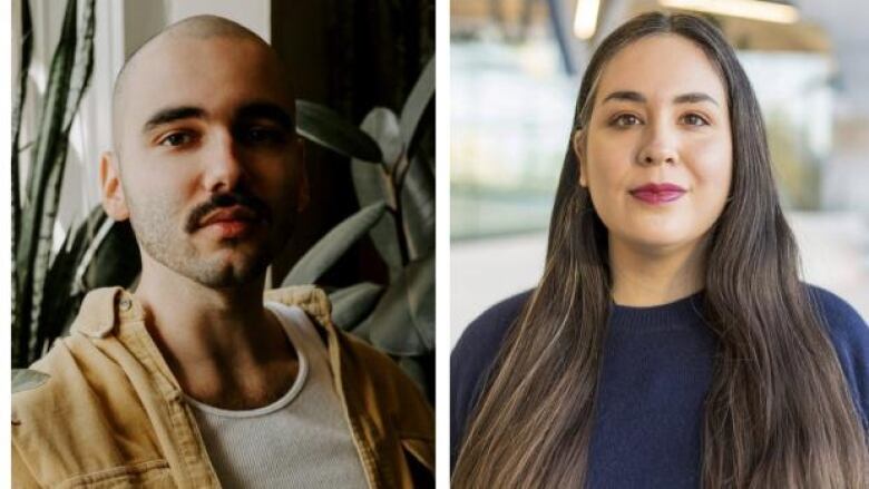 A composite photo of a bald young man staring straight into the camera and a woman with long straight dark hair looking at the camera.