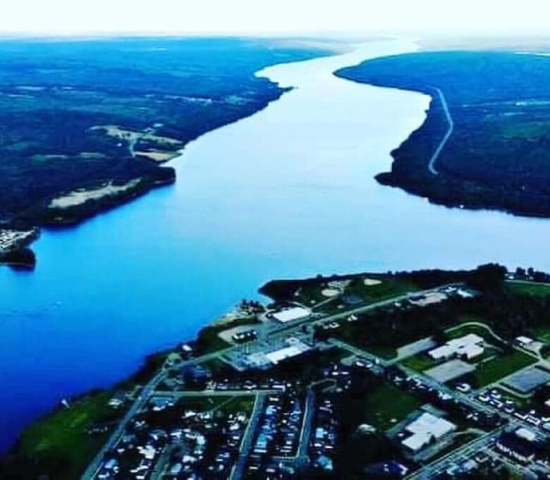 Aerial view of a lake dividing the community of Nackawic-Millville. 