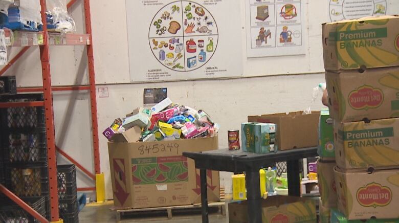 A warehouse with boxes of different food items and nutritional posters on the wall. 