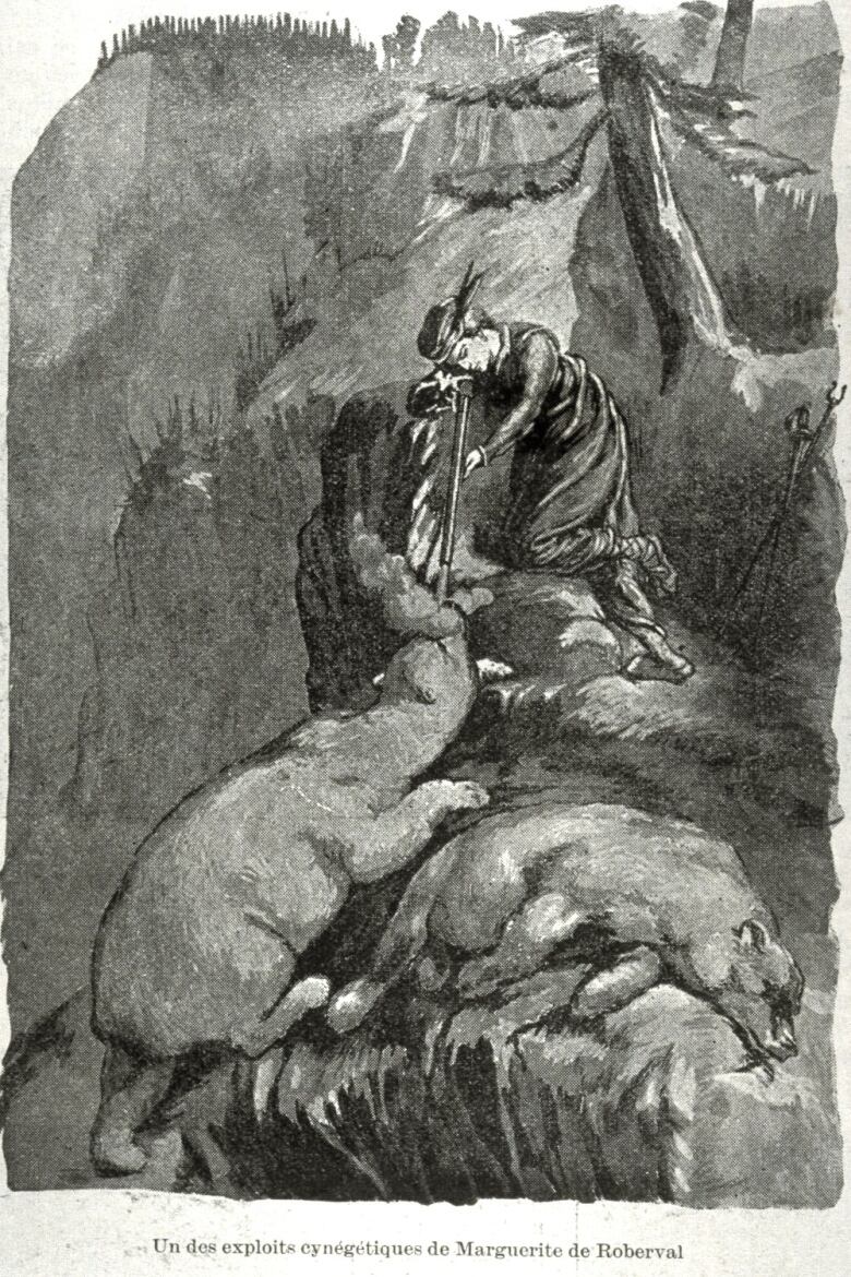 A black-and-white 18th-century image of a woman battling two bears.