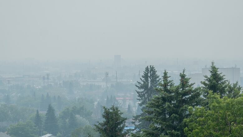 A hazy view of a city.