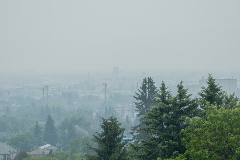 A hazy view of a city.